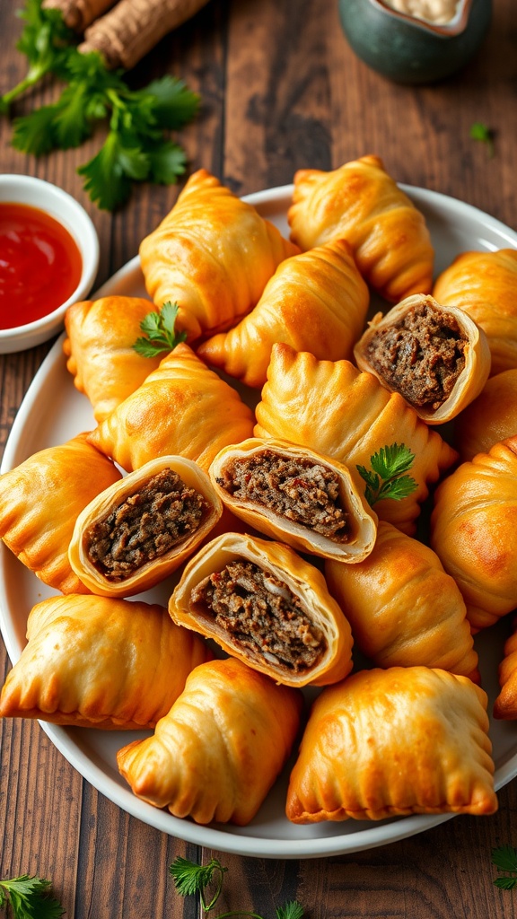 A platter of golden-brown meat-stuffed pastries with a dipping sauce, garnished with herbs.